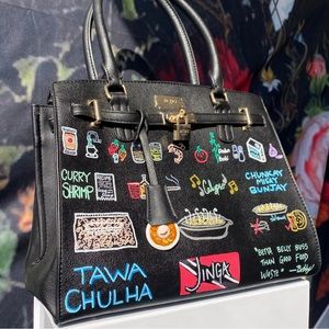 VanRahDesign hand painted BCBG purse with lock —Painting “Curry Jinga : Coal”